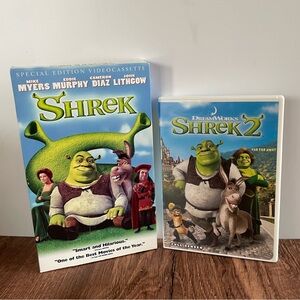 Shrek VHS and Shrek 2 DVD (Region 1 - Canada, USA). Used, Good Condition.